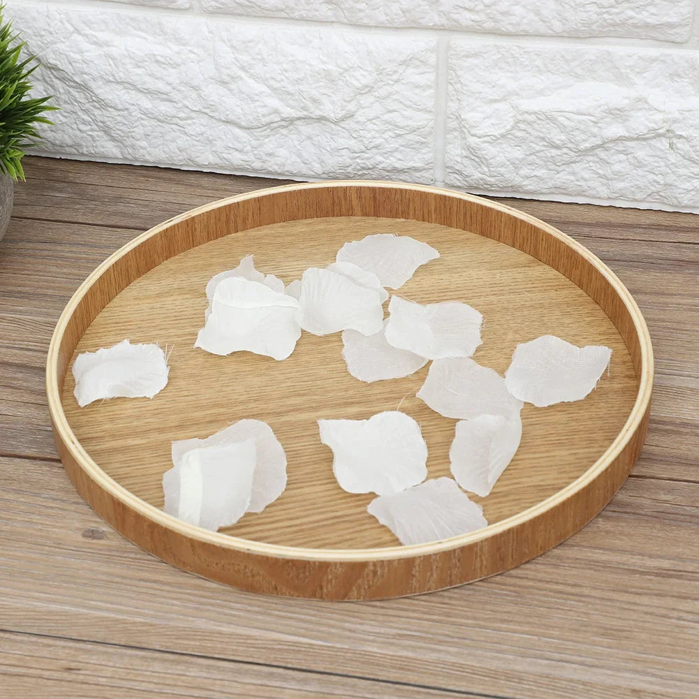 Wooden serving tray with brown finish displaying white petals, perfect for kitchen or home decoration.