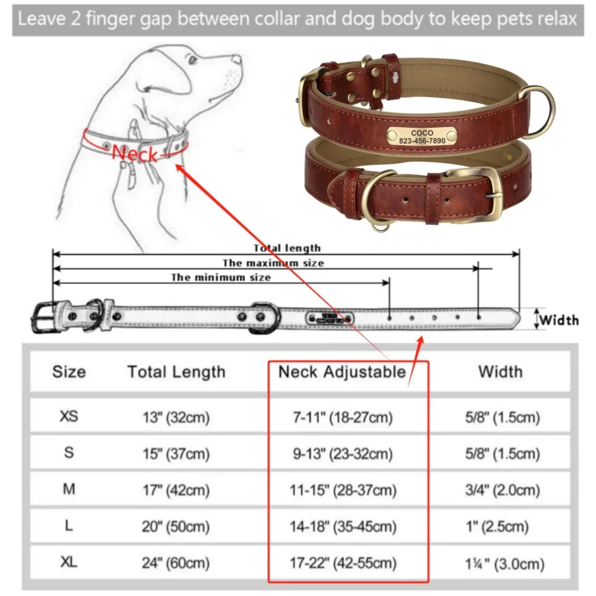 Personalized leather custom dog collar with adjustable sizing chart for small, medium, and large dogs.