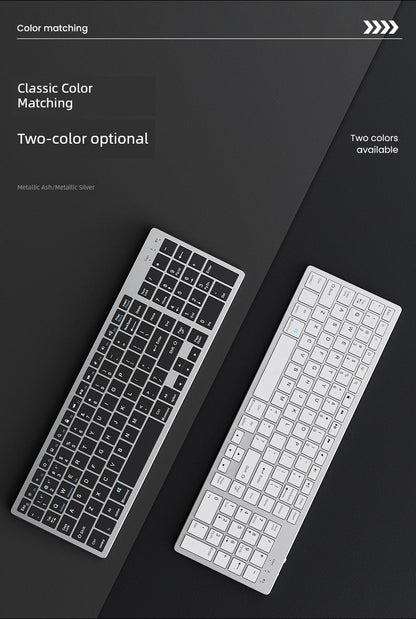 wireless rechargeable keyboard in two colors, black and white, with multimedia keys and ergonomic support