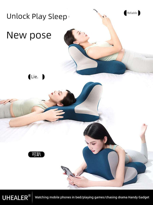 Cervical support neck pillow in multi-use positions, ideal for sleeping and relaxation by UHEALER.