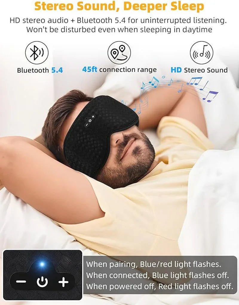 Bluetooth sleep mask with HD stereo sound, 45ft range, and Bluetooth 5.4 for uninterrupted listening.