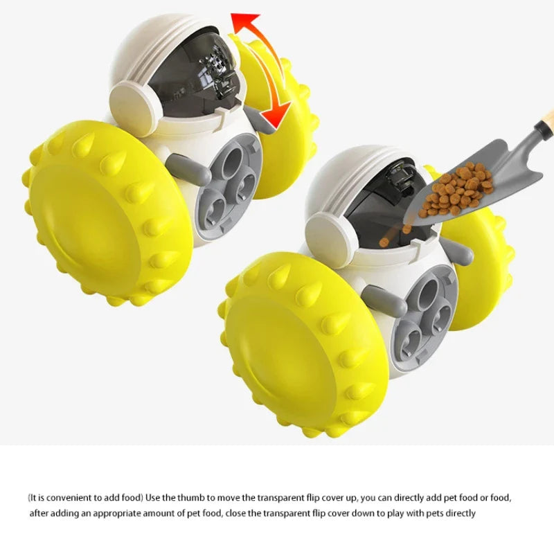 Interactive treat dispensing dog toy with yellow wheels and ABS material for pets.