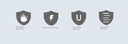 Overheat, over power, overvoltage, and overcurrent protection icons.