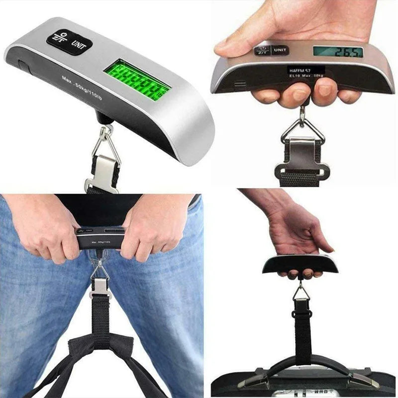 Portable digital luggage scale with LCD display, 50kg capacity, and durable strap, ideal for travel.