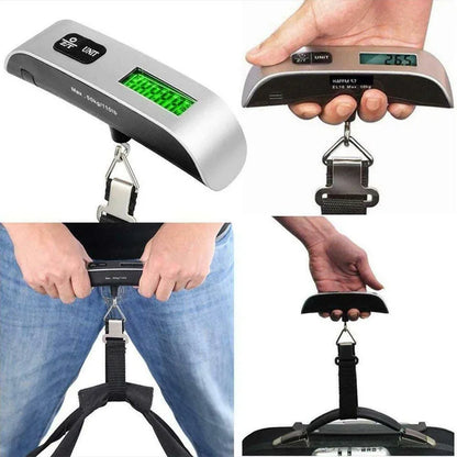 Portable digital luggage scale with LCD display, 50kg capacity, and durable strap, ideal for travel.