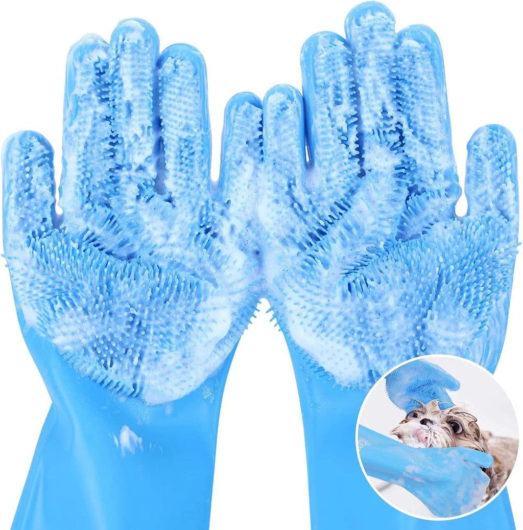 Blue pet grooming gloves with silicone bristles for cleaning and massaging pets.