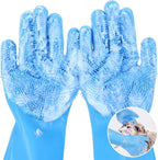 Blue pet grooming gloves with silicone bristles for cleaning and massaging pets.