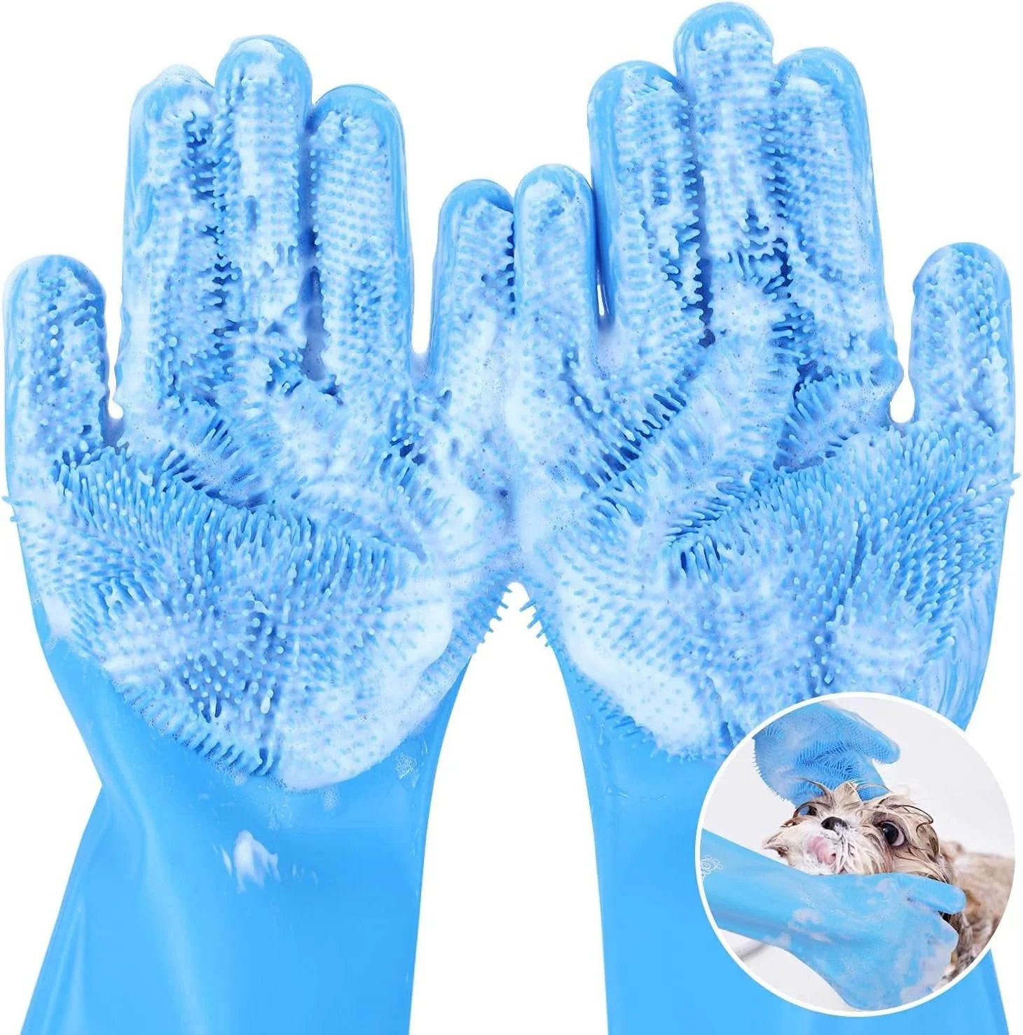 Blue pet grooming gloves with silicone bristles for cleaning and massaging pets.