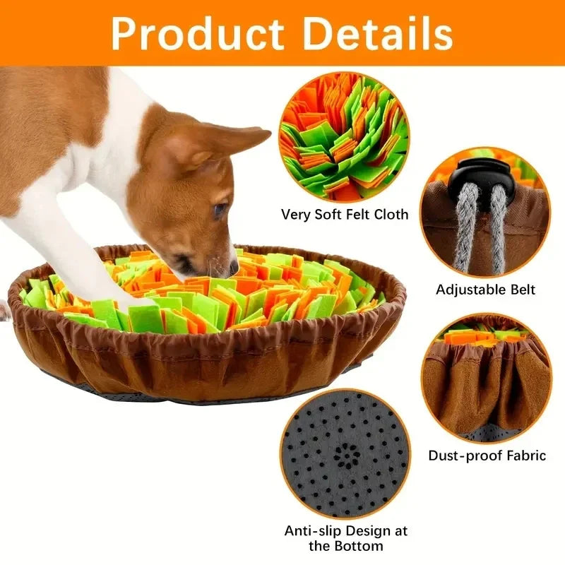 Snuffle mat for dogs with soft felt cloth and adjustable belt, featuring a dust-proof fabric and anti-slip design.