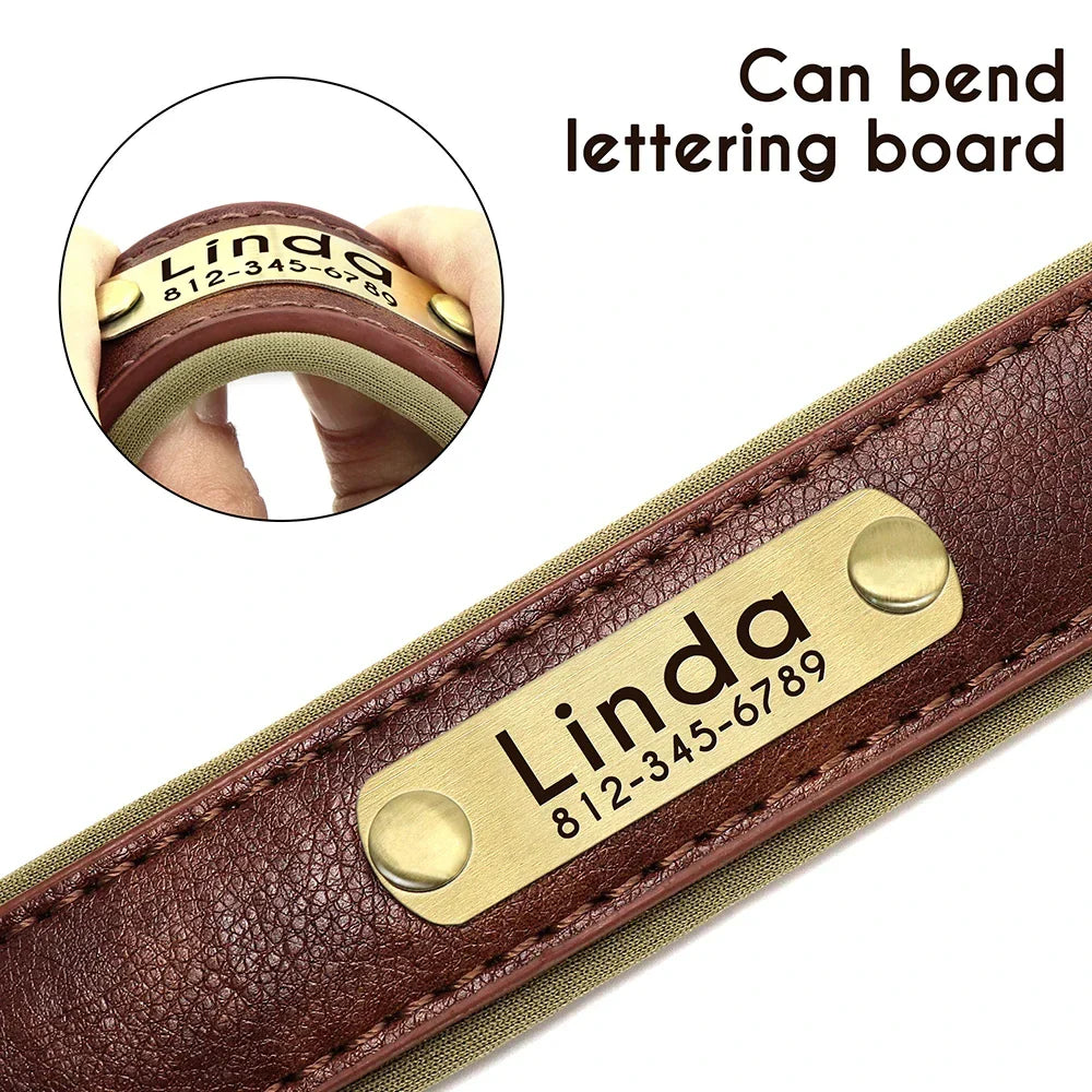 Personalized leather custom dog collar with engraved ID tag, soft padded, brown color.