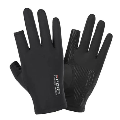 Unisex ice silk cycling gloves made of rayon for adults, black color, designed for comfort and performance.