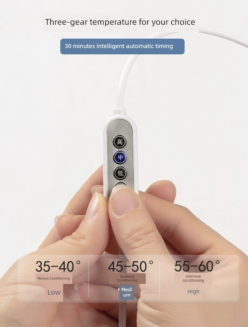 Control panel of USB heated eye mask with three temperature settings.