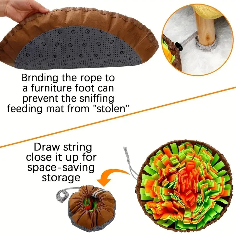 Interactive snuffle mat for dogs with drawstring for storage and anti-theft rope attachment.