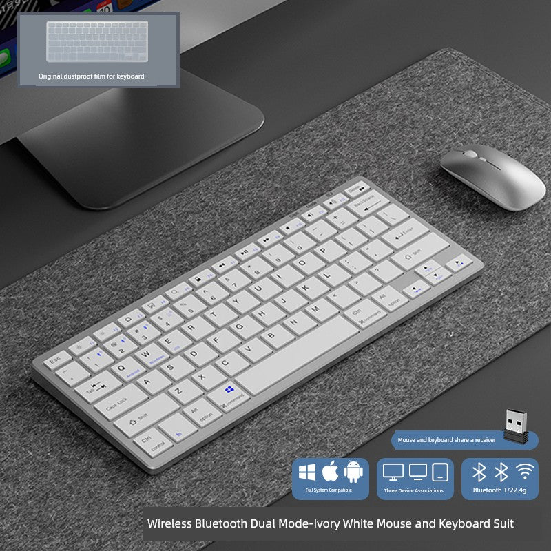 wireless rechargeable keyboard with mouse suit on dark mat with computer monitor