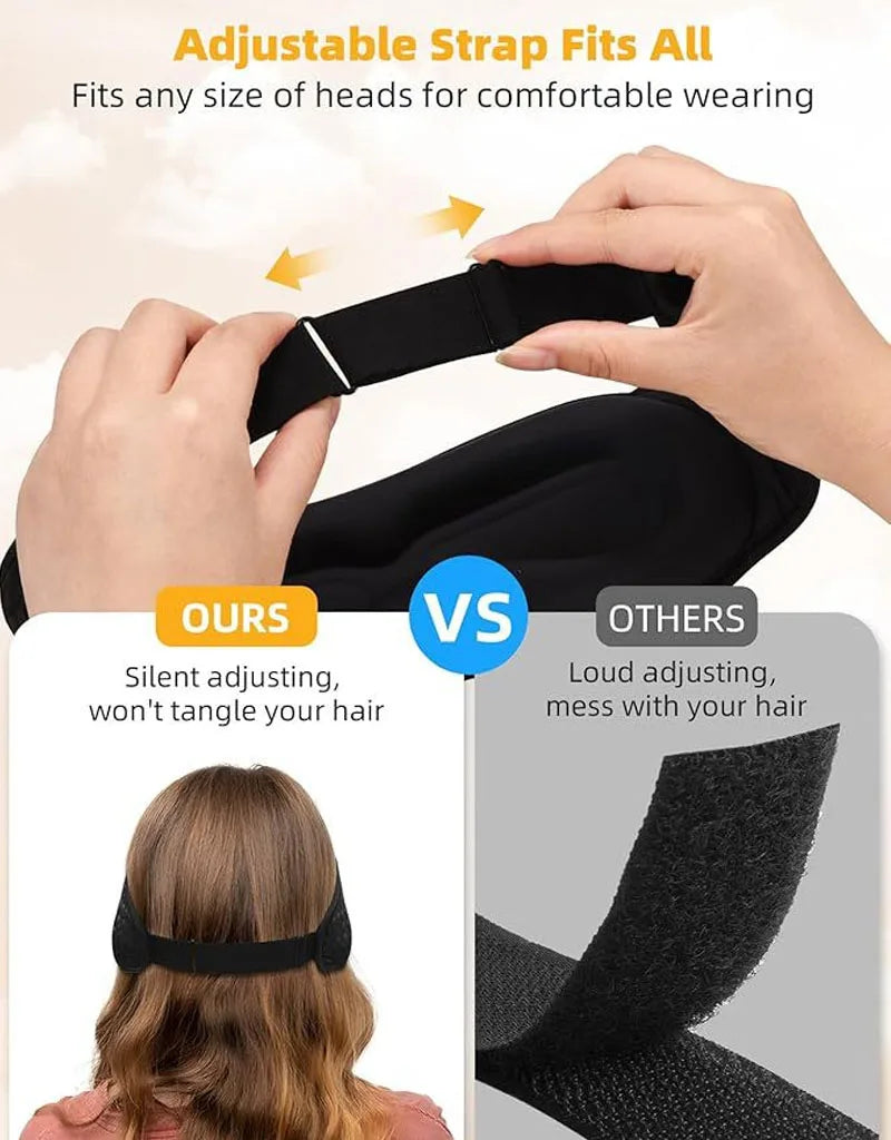 Adjustable strap on Bluetooth sleep mask ensures comfortable and silent fit.