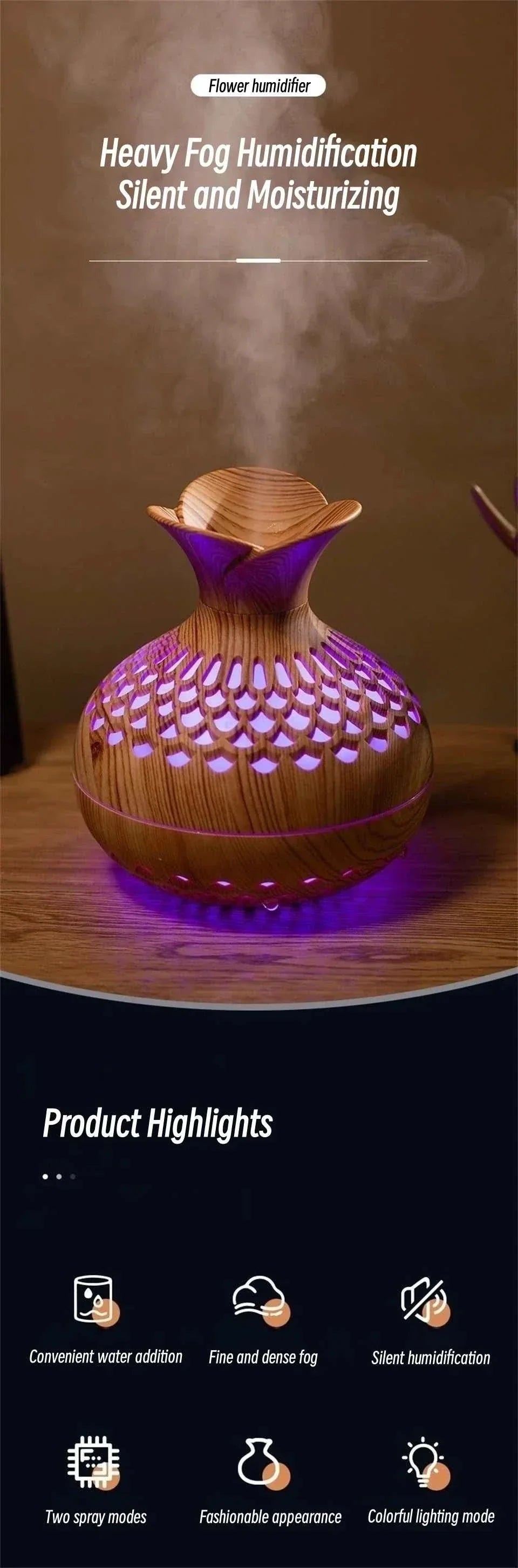 Wood grain humidifier with colorful gradient lights, silent mist discharge, and dual spray modes on a wooden table.