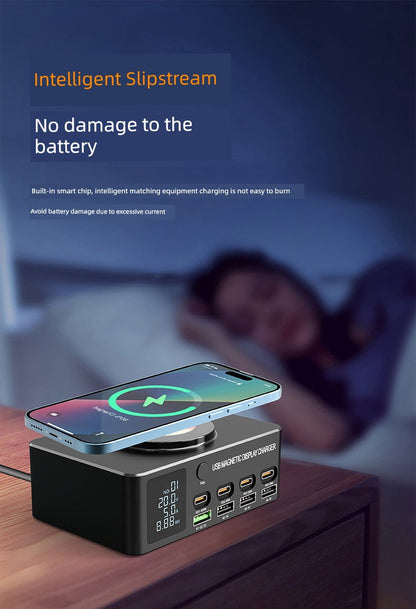 GaN fast charger with PD, intelligent charging, smartphone on wireless charging pad, multiple USB and Type-C ports.