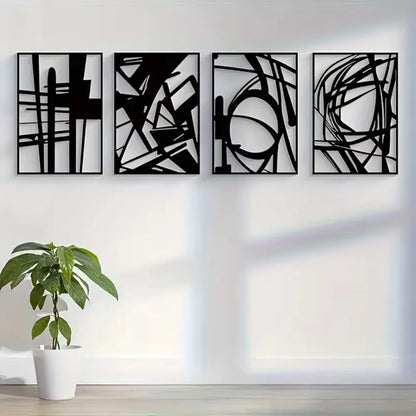 Abstract metal wall art with minimalist single line designs displayed on a stylish wall.