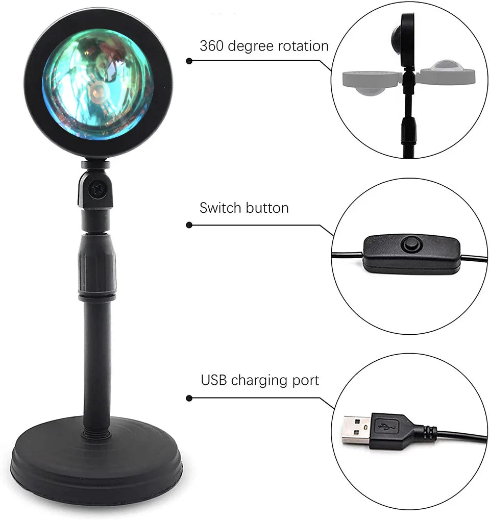 Sunset lamp with 360° rotation, USB charging port, and switch button.