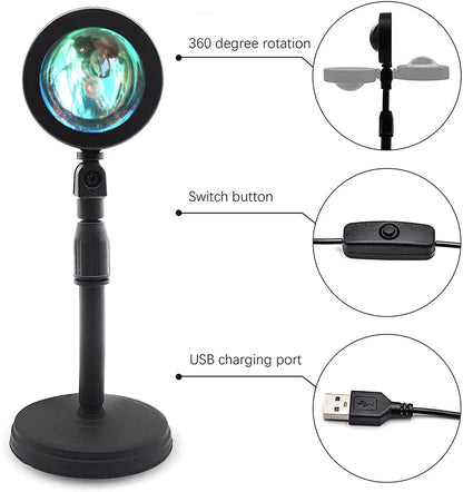 Sunset lamp with 360° rotation, USB charging port, and switch button.
