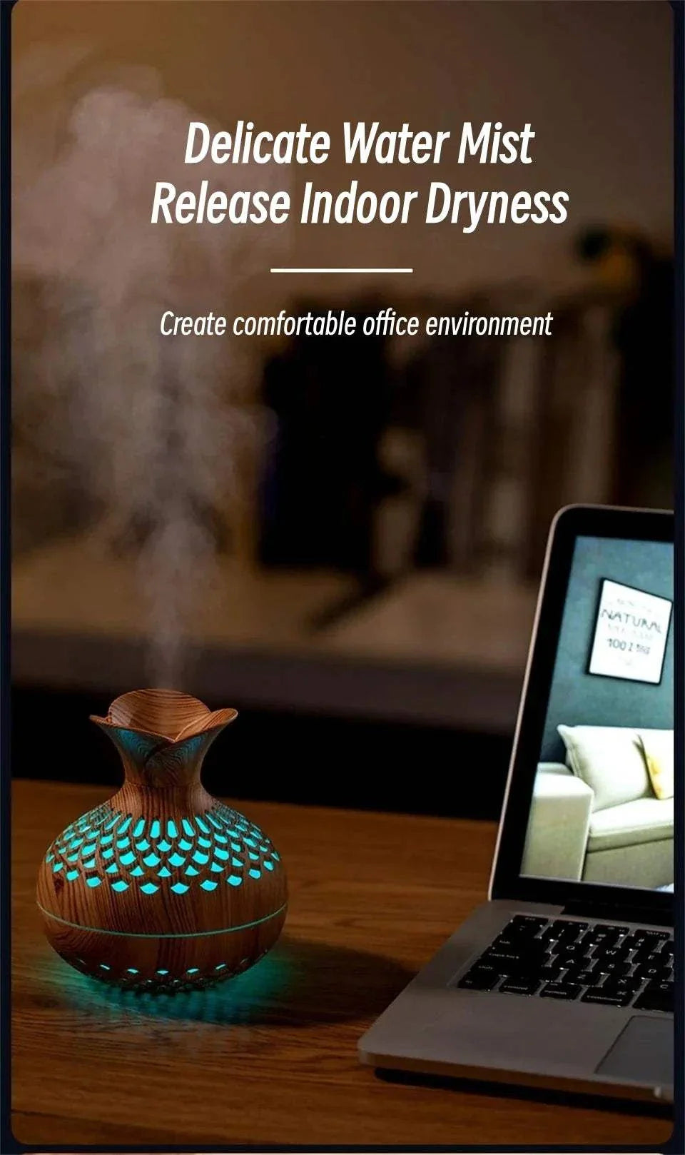 Wood grain humidifier emitting mist with colorful lights on a desk beside a laptop.