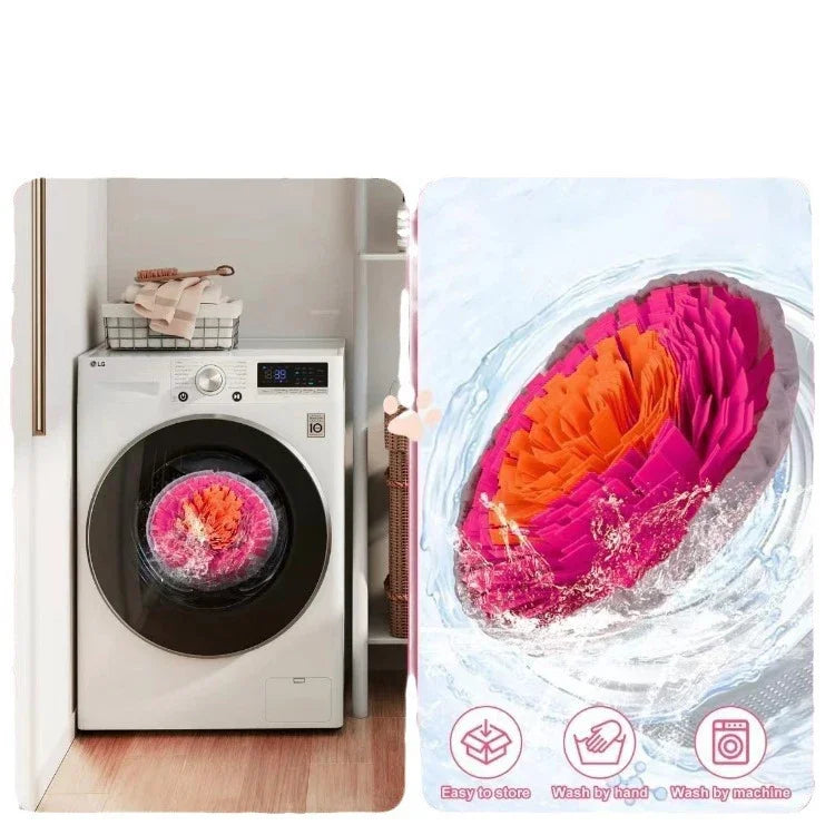 Colorful fleece and felt snuffle mat for dogs in a washing machine, interactive pet toy.