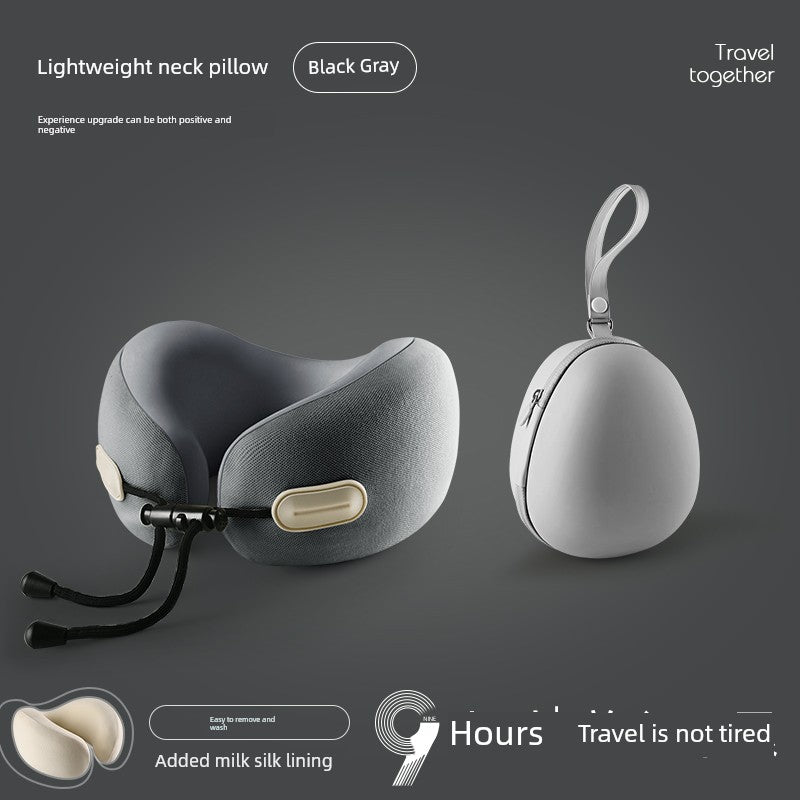 U-shaped travel pillow in black gray with memory cotton, retractable design, and carrying case.