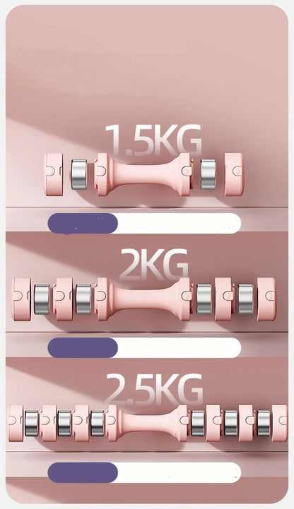 Adjustable dumbbells with 1.5kg, 2kg, and 2.5kg weight options in pink.