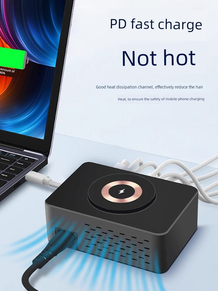 GaN fast charger with PD and line loss compensation, supporting USB and Type-C interfaces for efficient charging.