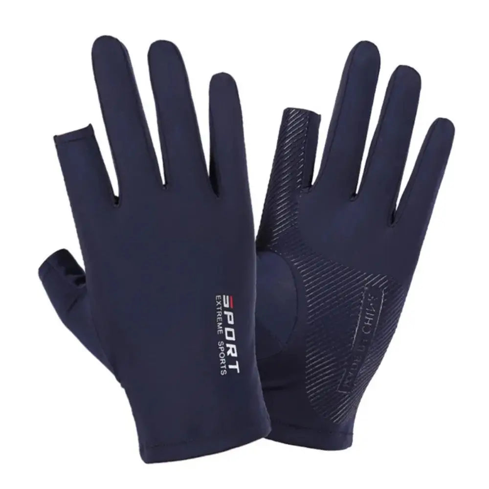 Unisex ice silk cycling gloves in navy blue with grip texture.