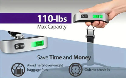 Portable digital luggage scale with LCD display and 110 lb max capacity.
