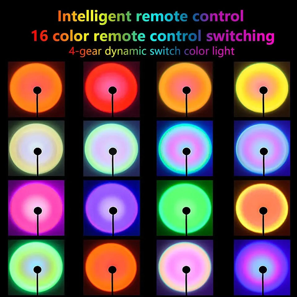 16-color remote-controlled sunset lamp projection with dynamic switch lighting options.