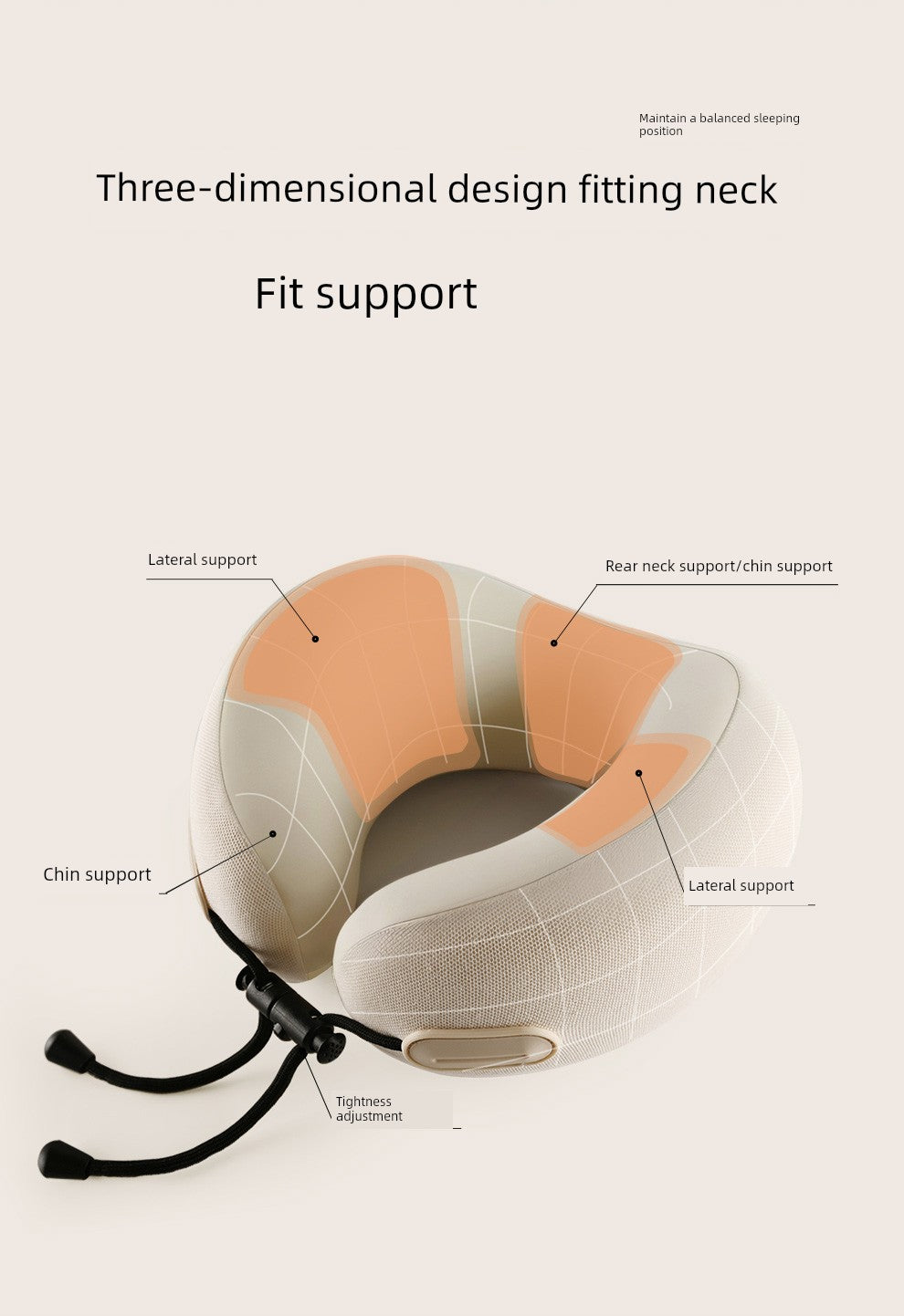 U-shaped travel pillow with memory cotton, neck support, and adjustable design.
