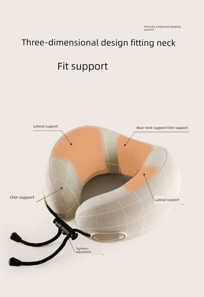 U-shaped travel pillow with memory cotton, neck support, and adjustable design.
