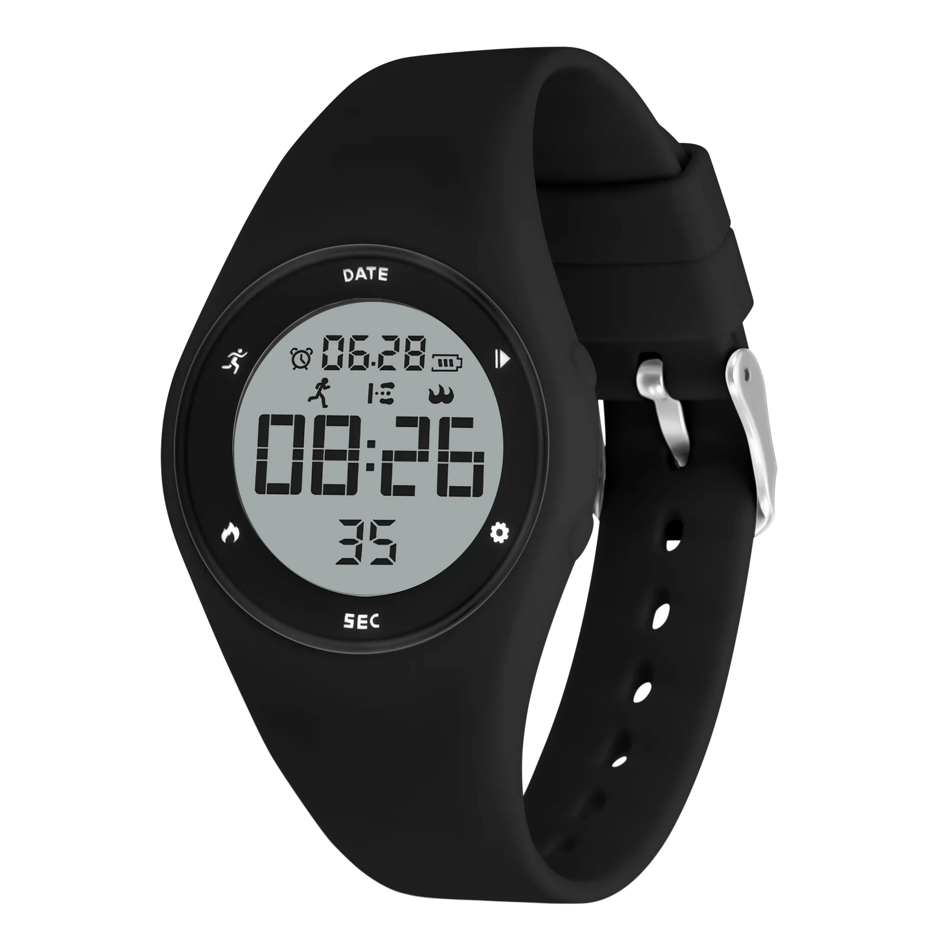 Kids fitness tracker watch with black silicone band and LED digital display.