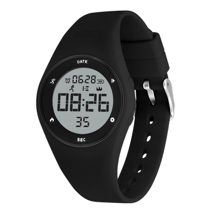 Kids fitness tracker watch with black silicone band and LED digital display.
