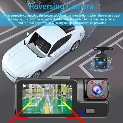Car dash cam with reversing camera function displaying real-time road conditions and rear lens view.