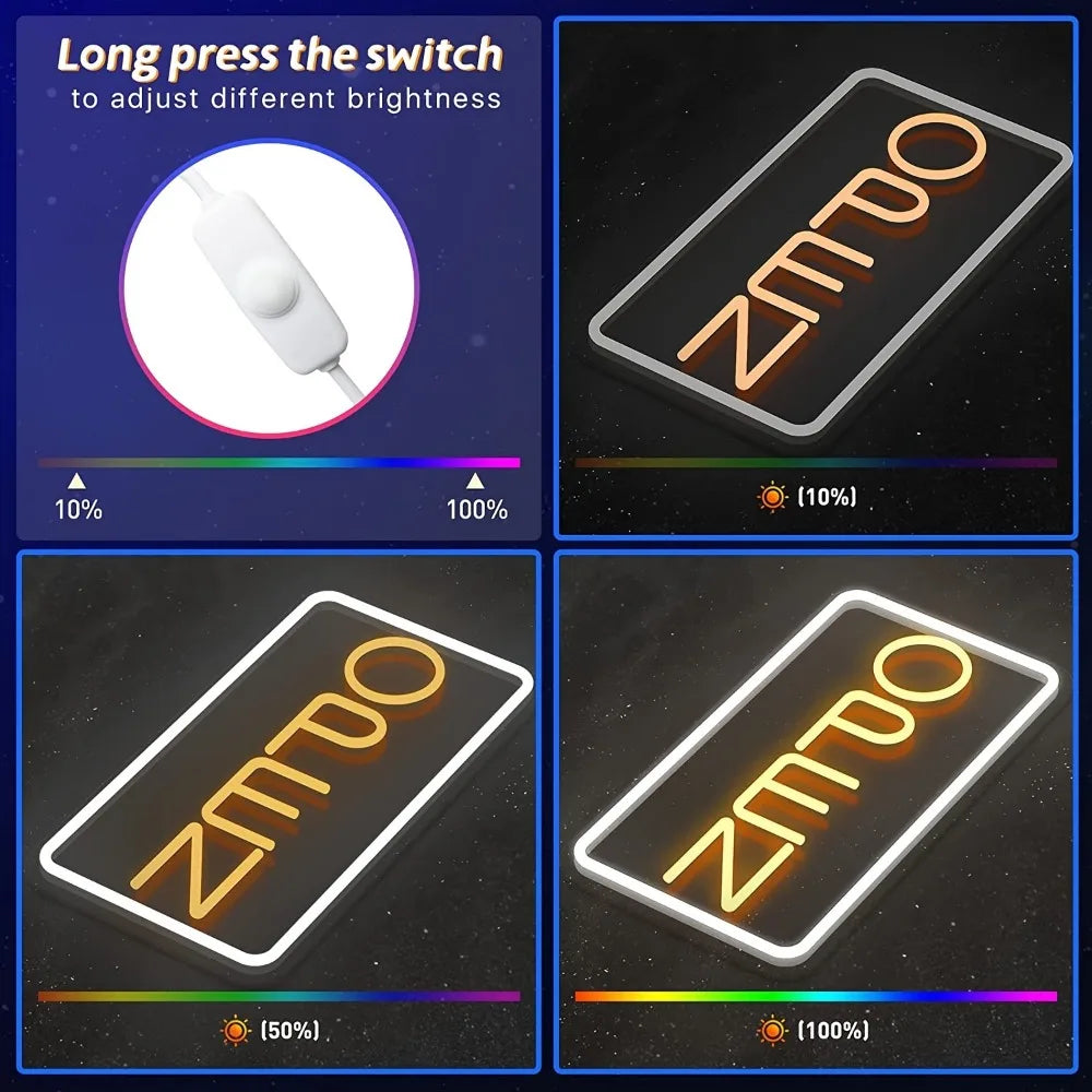 Vertical open neon sign with adjustable brightness, ideal for clubs, cafes, and restaurants; features USB power for versatile decorative use.