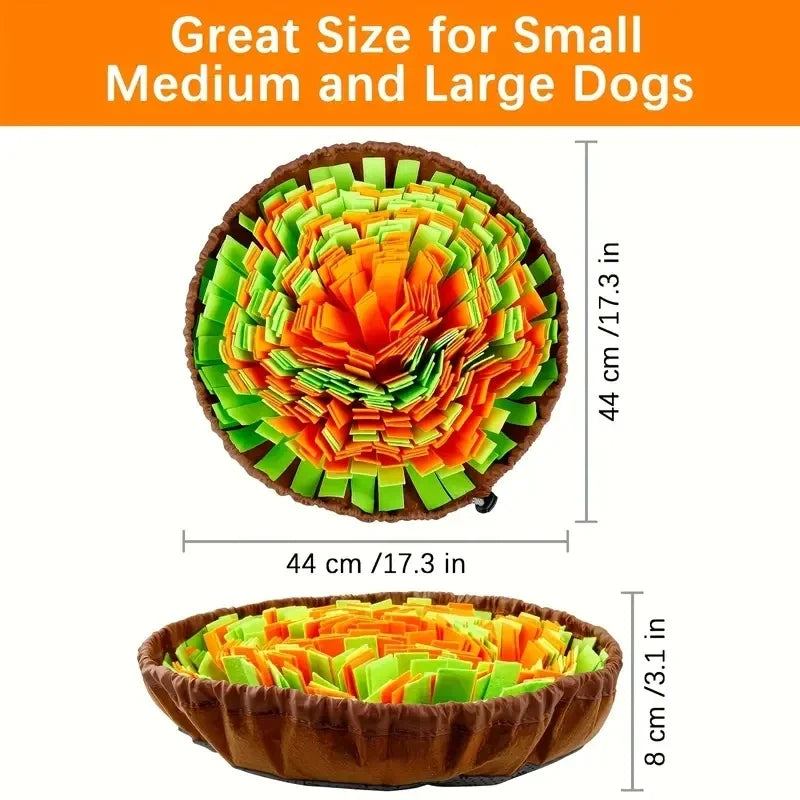 Colorful round snuffle mat for dogs, suitable for small, medium, and large breeds.