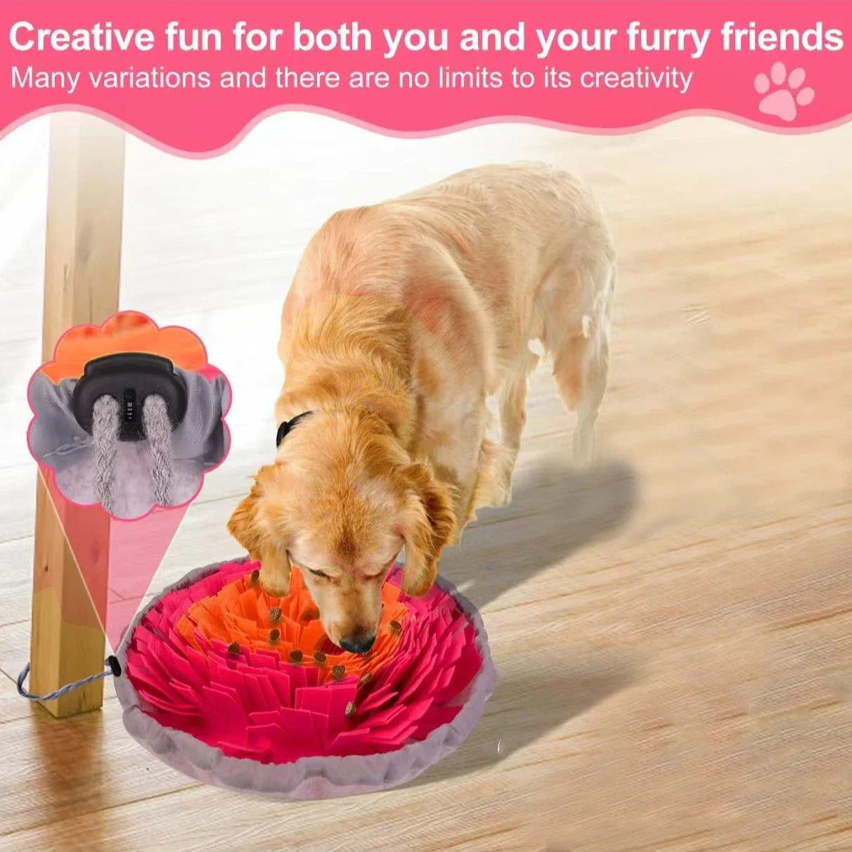 Dog interacting with colorful snuffle mat for fun and enrichment.