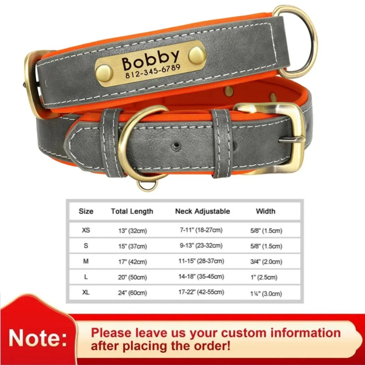 Personalized leather custom dog collar with soft padding and ID tag, adjustable for various sizes.