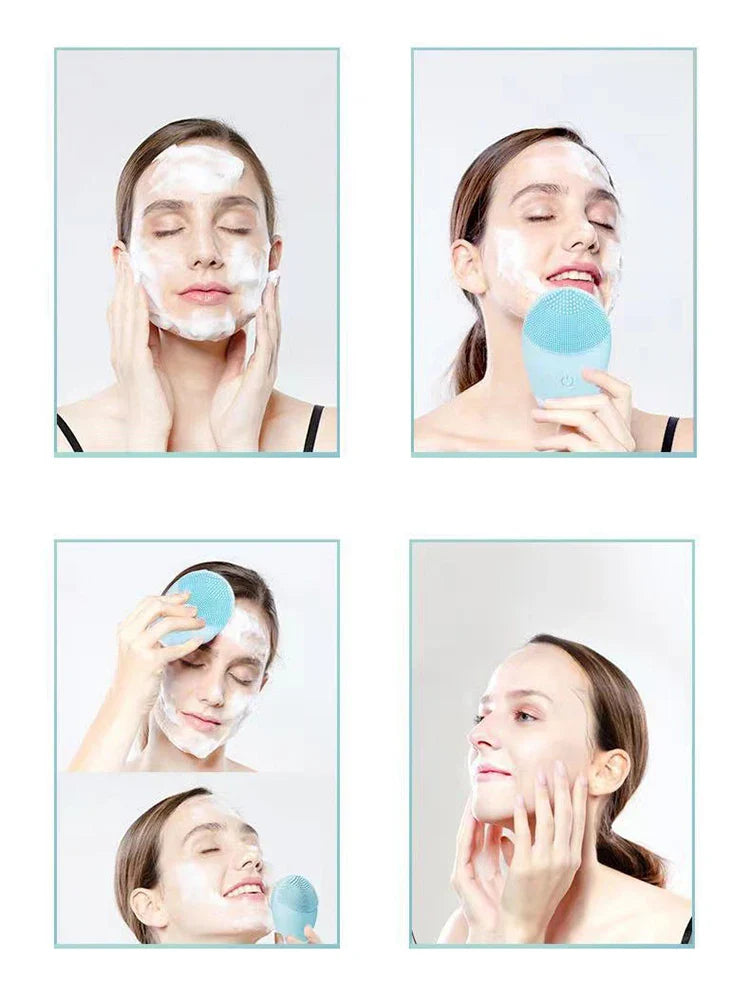 Woman using an electric facial cleansing brush for skincare routine.