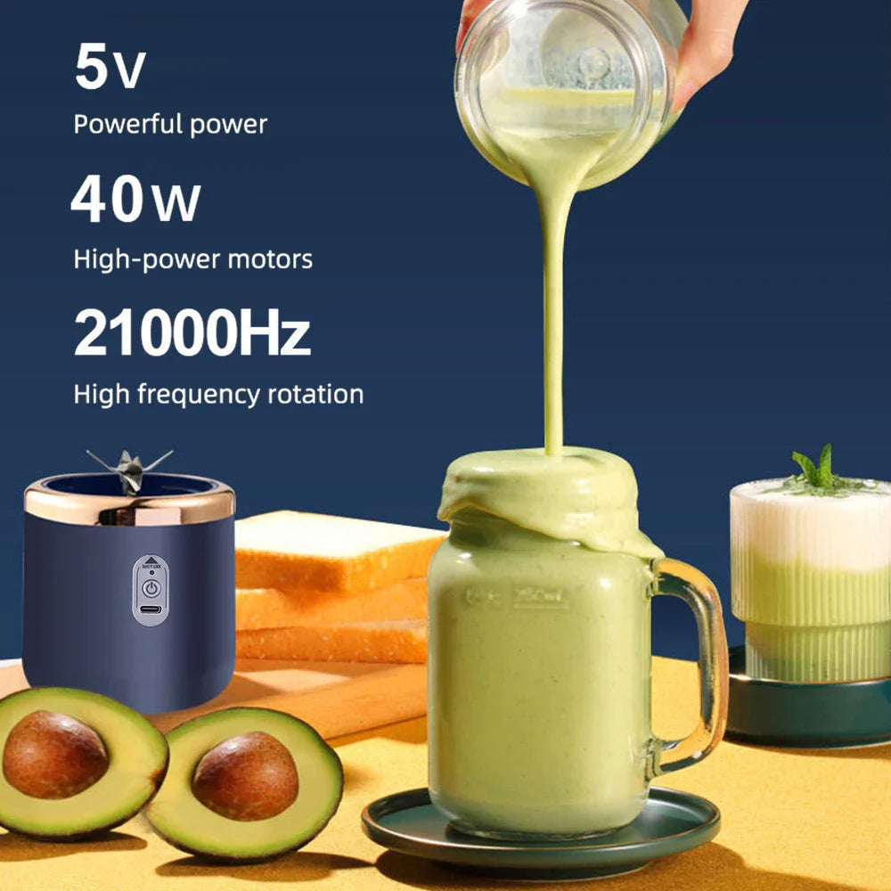 Portable fruit juice blenders with 40W power and 21000Hz frequency, pouring green smoothie.