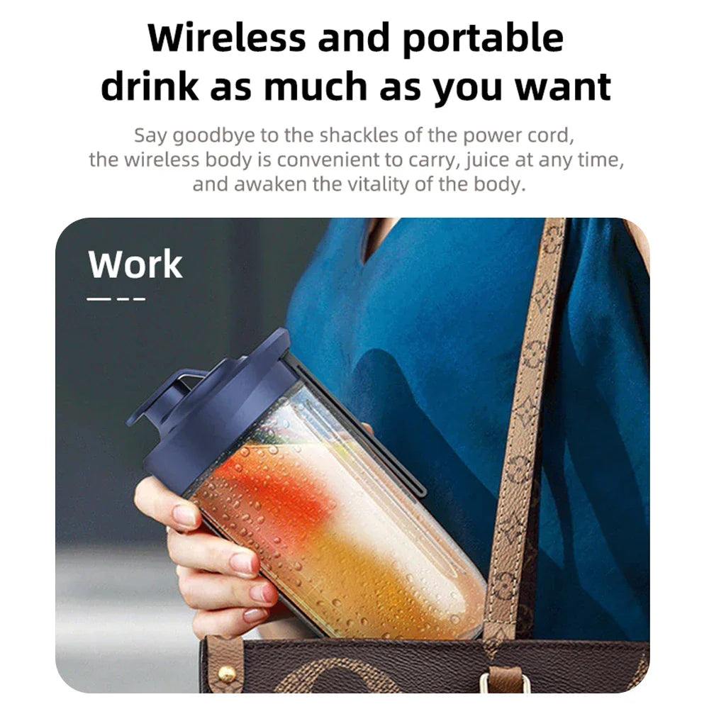 Portable fruit juice blender being held, showcasing its wireless, lightweight design suitable for on-the-go use.