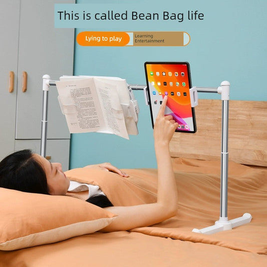 Adjustable book holder for bed with tablet mount, ideal for bedside reading and entertainment.