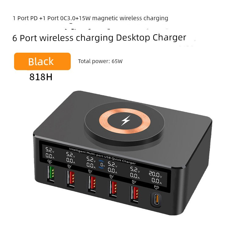 GaN fast charger with PD, multiple USB and Type-C ports, magnetic wireless charging.