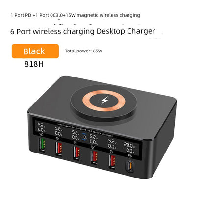 GaN fast charger with PD, multiple USB and Type-C ports, magnetic wireless charging.