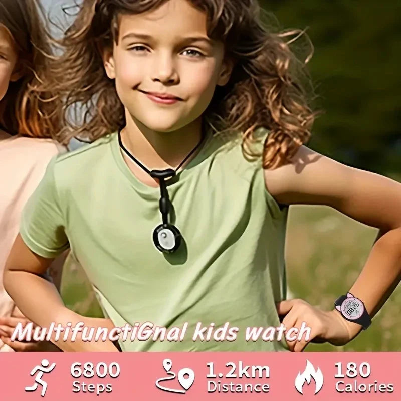 Kids wearing multifunctional fitness tracker watches running outdoors.