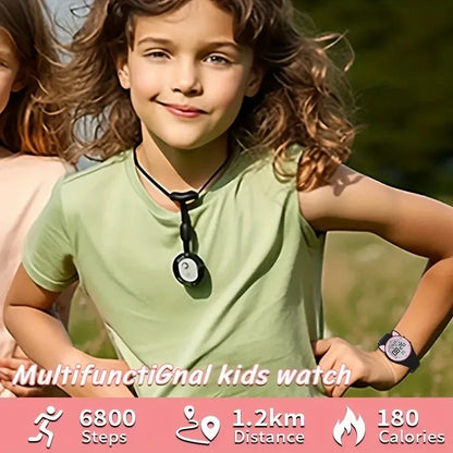 Kids wearing multifunctional fitness tracker watches running outdoors.
