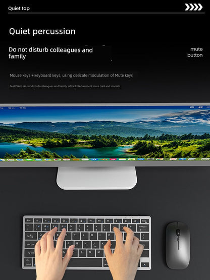 Wireless rechargeable keyboard with quiet keys and ergonomic design, suitable for office use; compatible with Windows, Android, macOS, iOS.